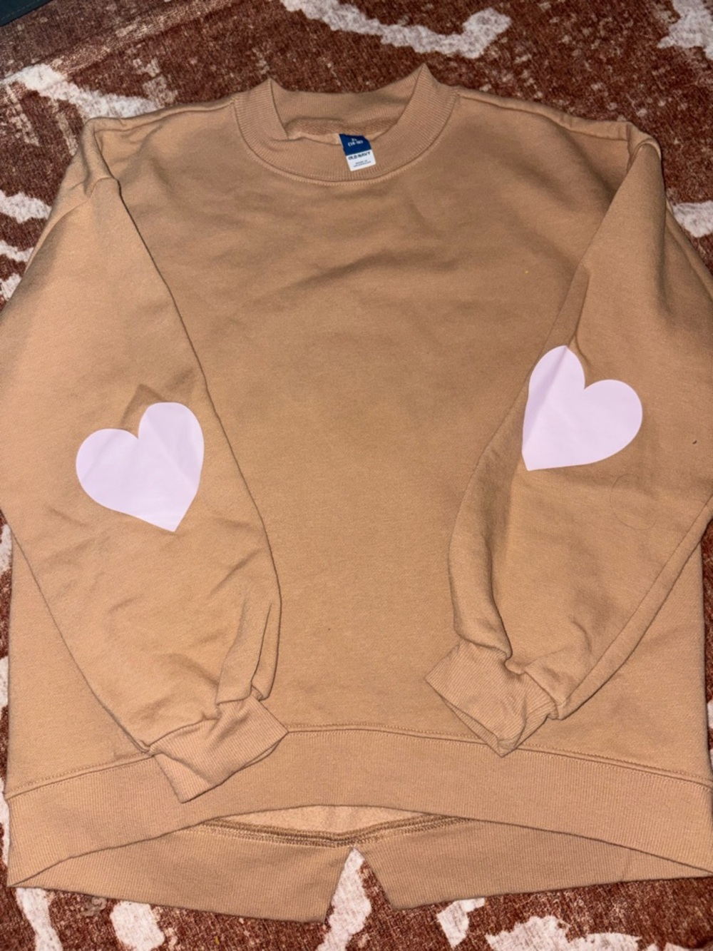 Old Navy Tan Sweatshirt with Pink Heart Elbow Patches